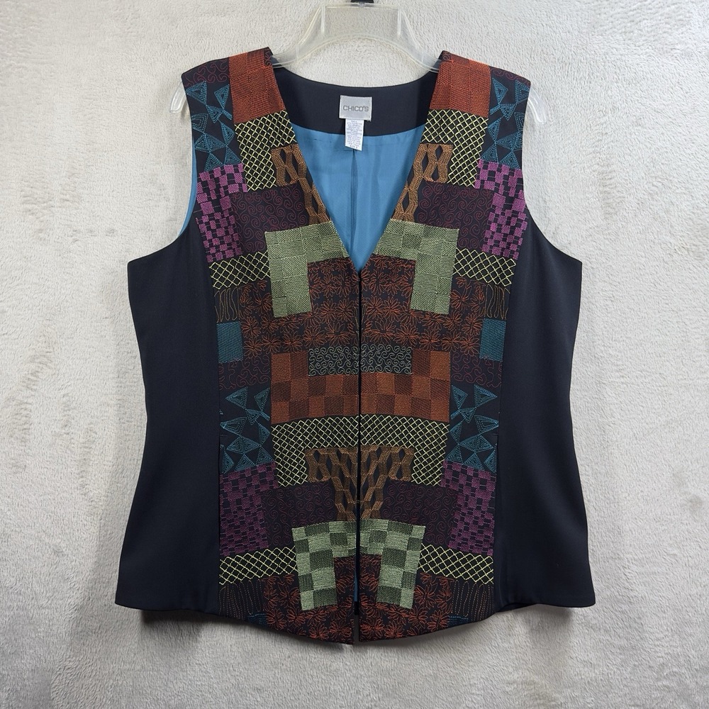 Chicos Embroidered Patchwork Vest Women's L Art To Wear Boho Pockets Multicolor - Picture 1 of 7